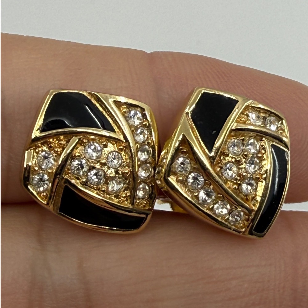 Christian Dior Vintage Germany Black Enamel Rhinestone Gold Tone Clip On Earring